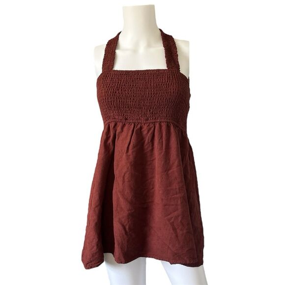 Crescent Burnt Orange Smocked Bust Mini Dress Tunic Top Size Large - Picture 1 of 8